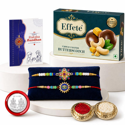 Evil Eye, OM Rakhi Combo - Raksha Bandhan Gift with Choco Butterscotch 32gm, Pack of 6
