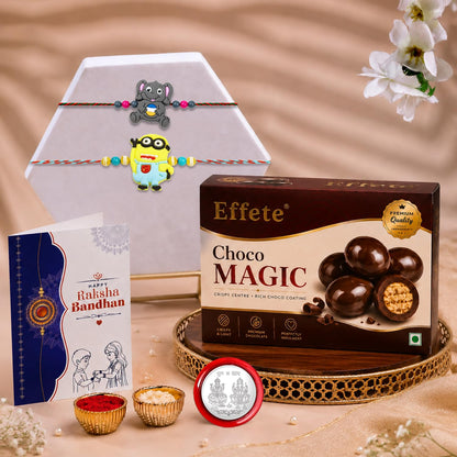 Elephant Rakhi for Brother with Choco Magic 96gm, Roli Tikka & Card, Pack of 6