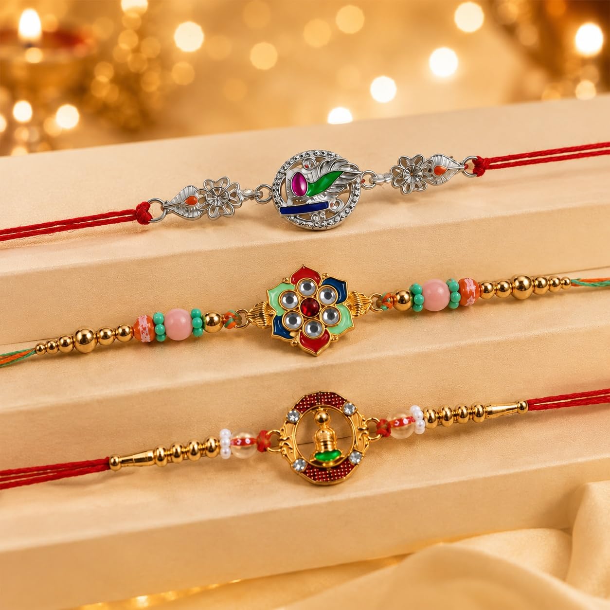 Kundan Rakhi for Brother with Chocolate Magic 96gm, Roli Tikka & Card | Pack of 7