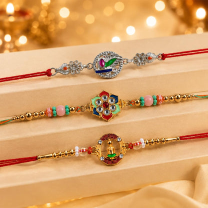 Kundan Rakhi for Brother with Chocolate Magic 96gm, Roli Tikka & Card | Pack of 7