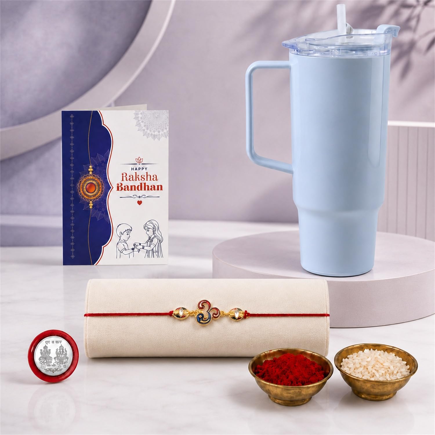 OM Multicolor Rakhi for Brother & Bhaiya with Travel Tumbler-1800ml | Pack of 5