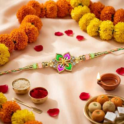 Floral Rakhi for Brother with Choco Dryfruits 96gm, Roli Tikka & Card, Pack of 5