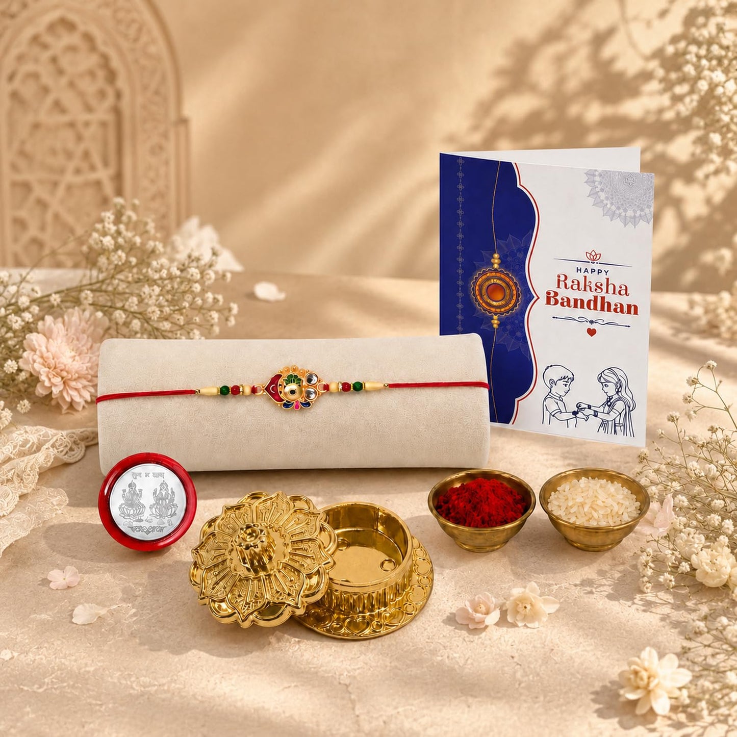 Round Multicolor Rakhi for Brother & Bhaiya with Golden Pooja | Pack of 5