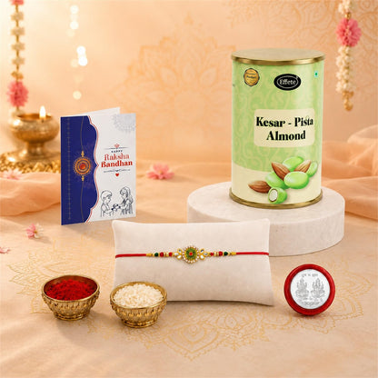 Round Rakhi for Brother with Kesar-Pista Almond 96gm, Coin & Card, Pack of 5