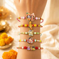 Designer Radiant Rakhi for Brother with Roli Tikka, Pooja Coin & Card, Pack of 8