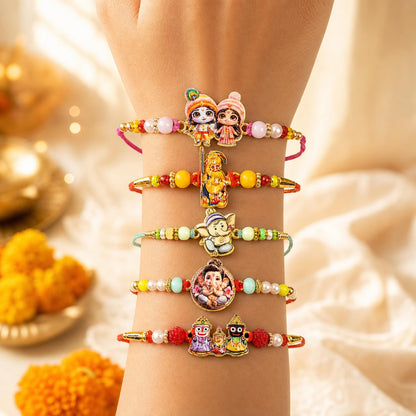 Designer Radiant Rakhi for Brother with Roli Tikka, Pooja Coin & Card, Pack of 8