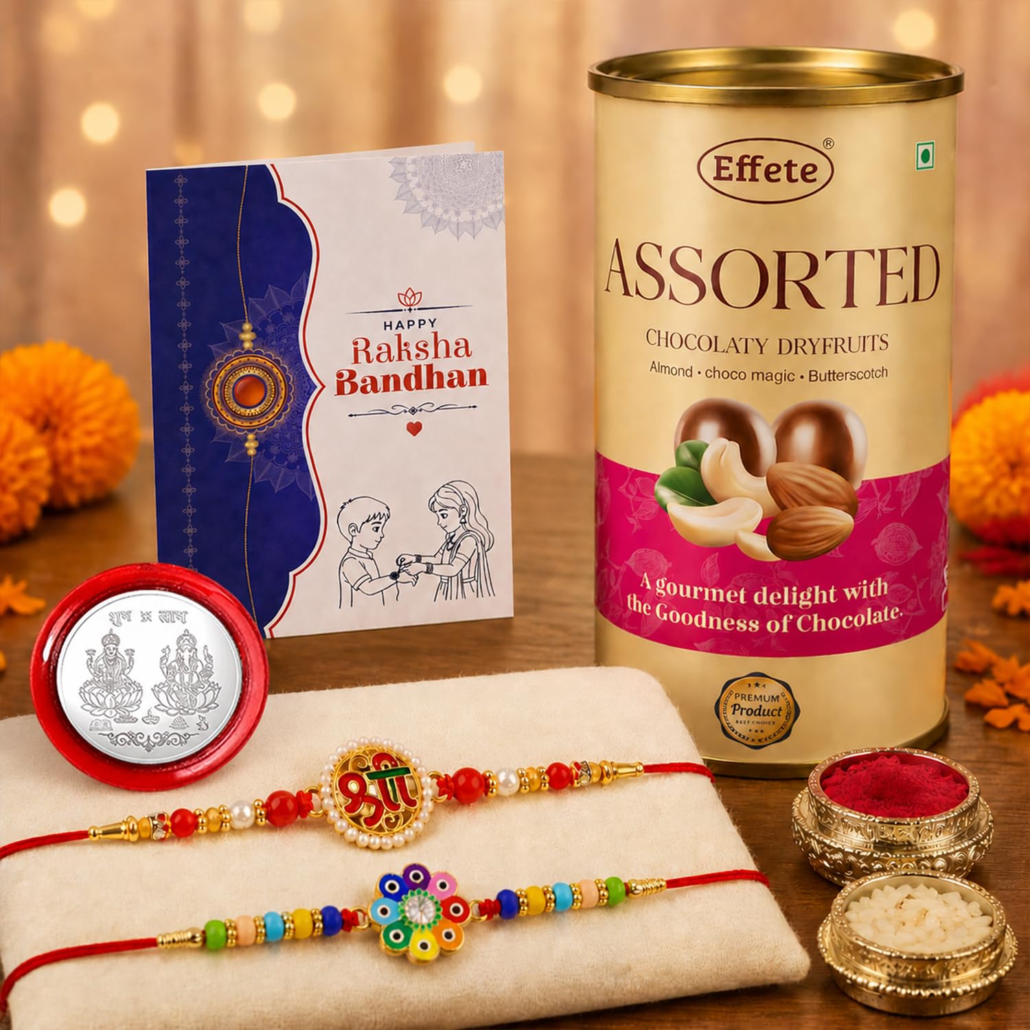 Ganesha charm Rakhi for Brother with Emperor Choco, Roli Tikka & Card, Pack of 6
