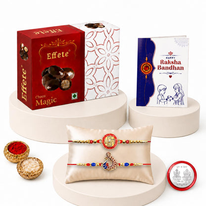 Swastik charm Rakhi for Brother with Chocolate Magic 32gm, Coin & Card, Pack of 6
