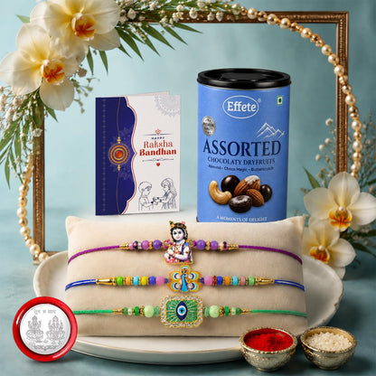 Peacock, Krishna Rakhi Combo - Raksha Bandhan Gift with Assorted Choco 96gm, Pack of 7