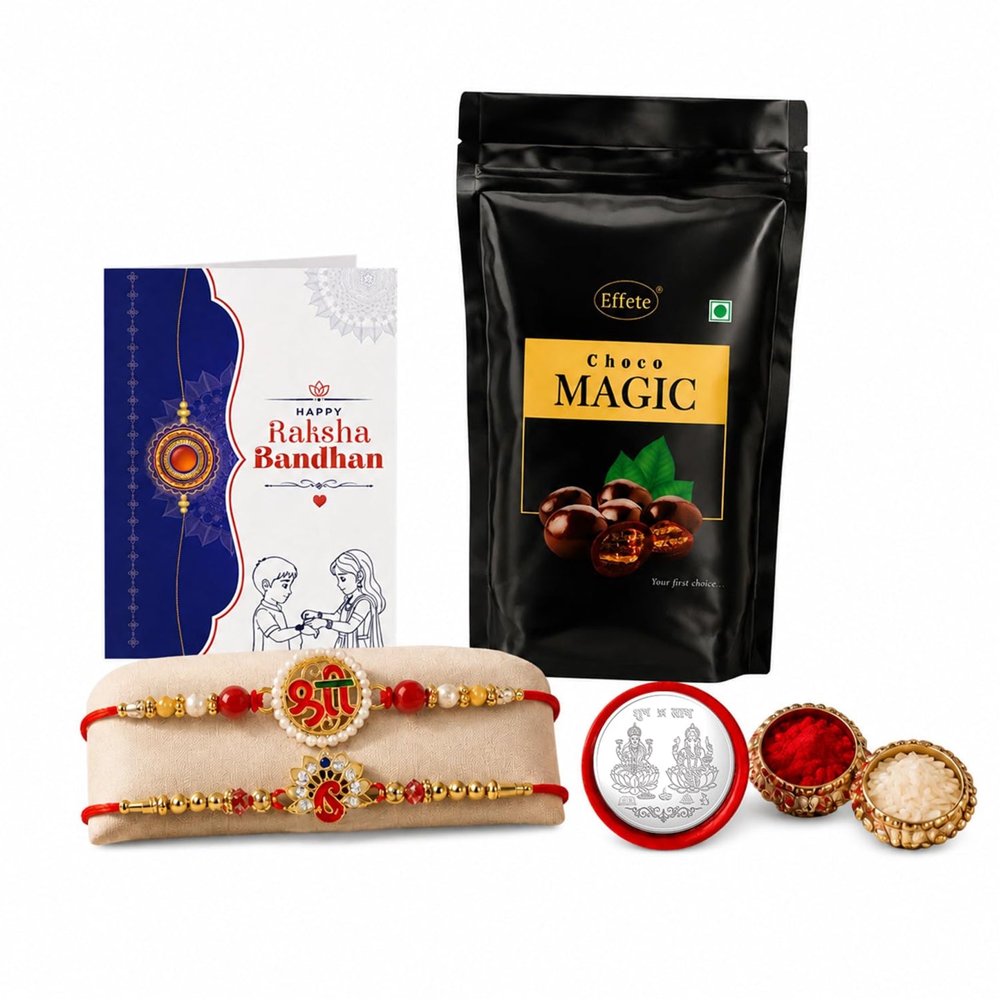 Om charm Rakhi for Brother with Choco Magic Pouch, Roli Tikka & Card, Pack of 6