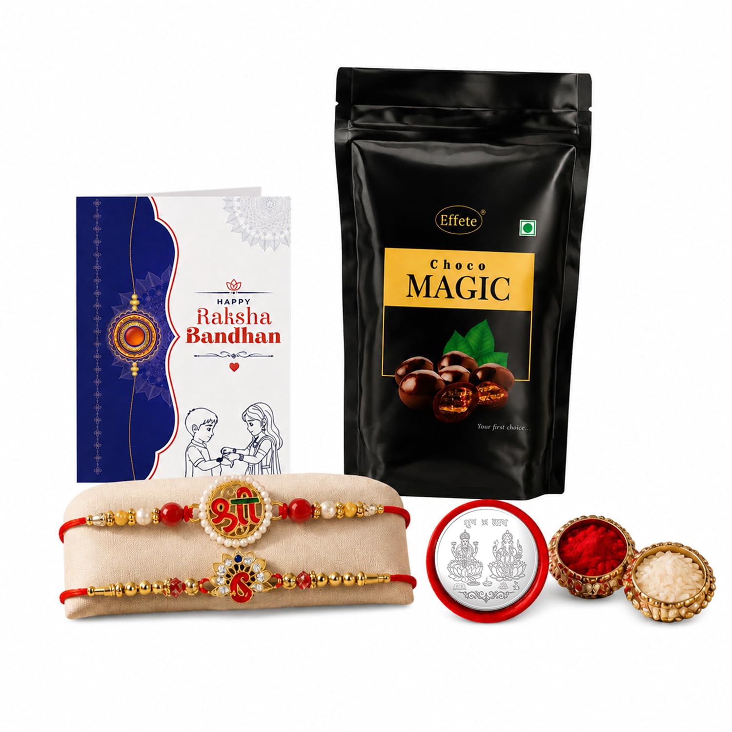 Om charm Rakhi for Brother with Choco Magic Pouch, Roli Tikka & Card, Pack of 6