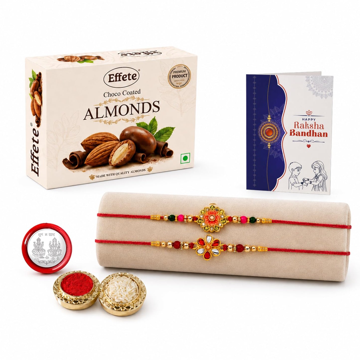 Floral Rakhi for Brother with Choco Almonds 32gm, Roli Tikka & Card, Pack of 6