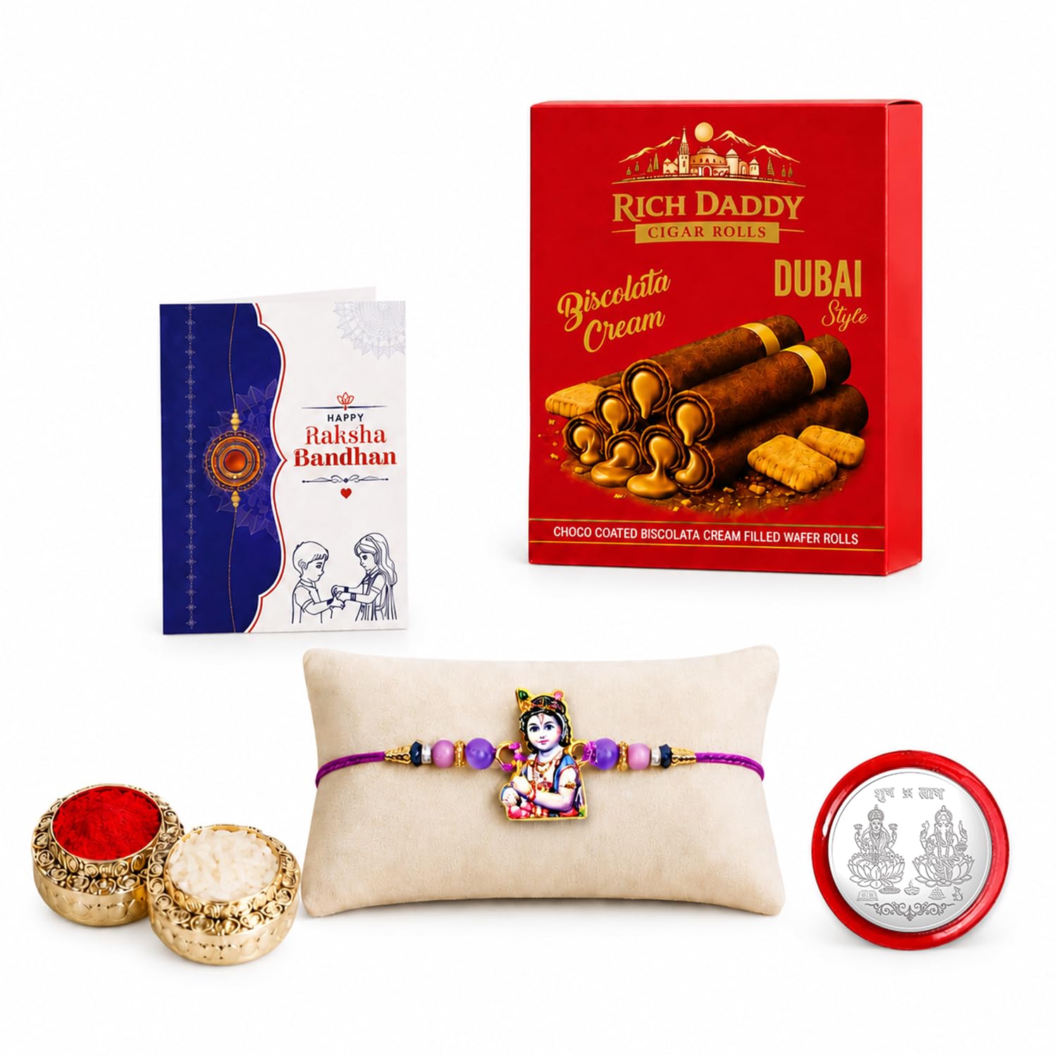 Krishna Rakhi for Brother with Biscolata Wafer Rolls, Coin & Card, Pack of 5