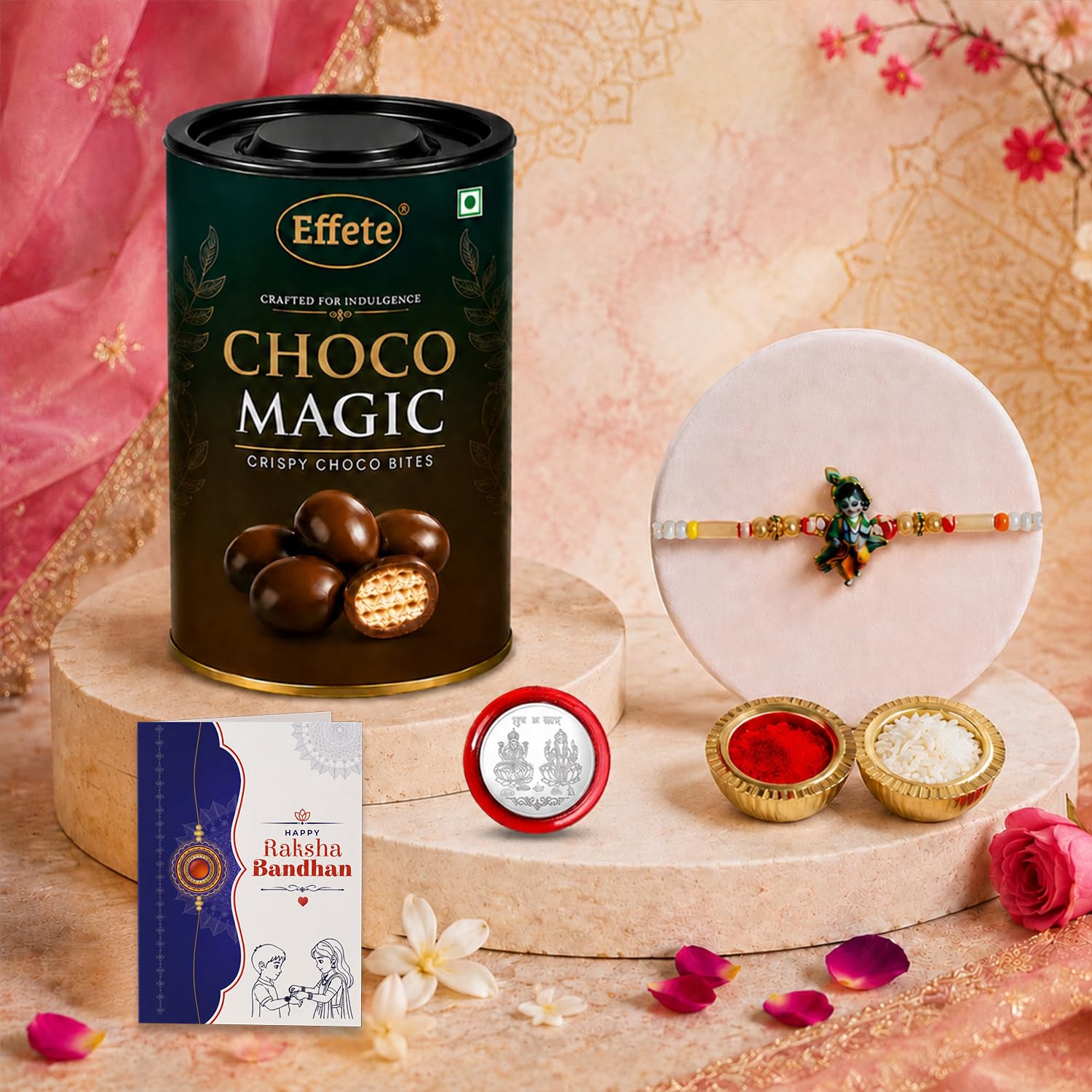 Krishna Rakhi for Brother with Choco Magic 96gm, Roli Chawal & Card, Pack of 5