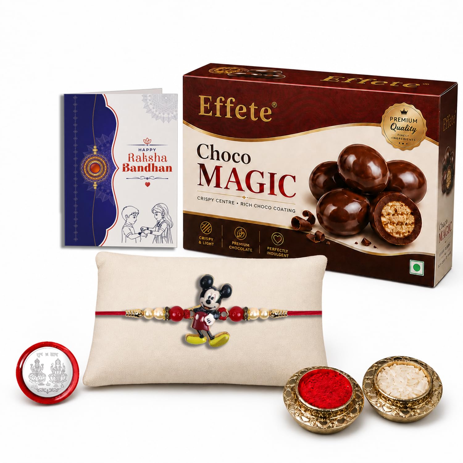 Mickey Rakhi for Brother with Chocolate Magic 32gm, Roli Chawal & Card, Pack of 5