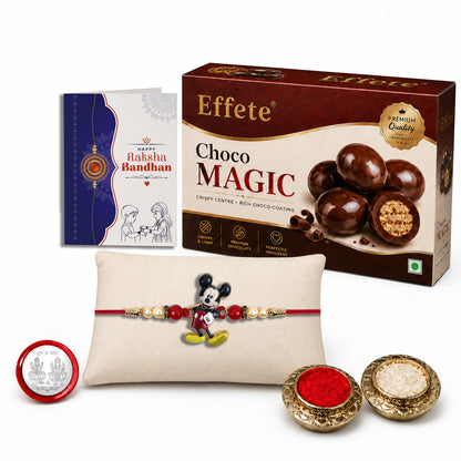 Mickey Rakhi for Brother with Chocolate Magic 32gm, Roli Chawal & Card, Pack of 5