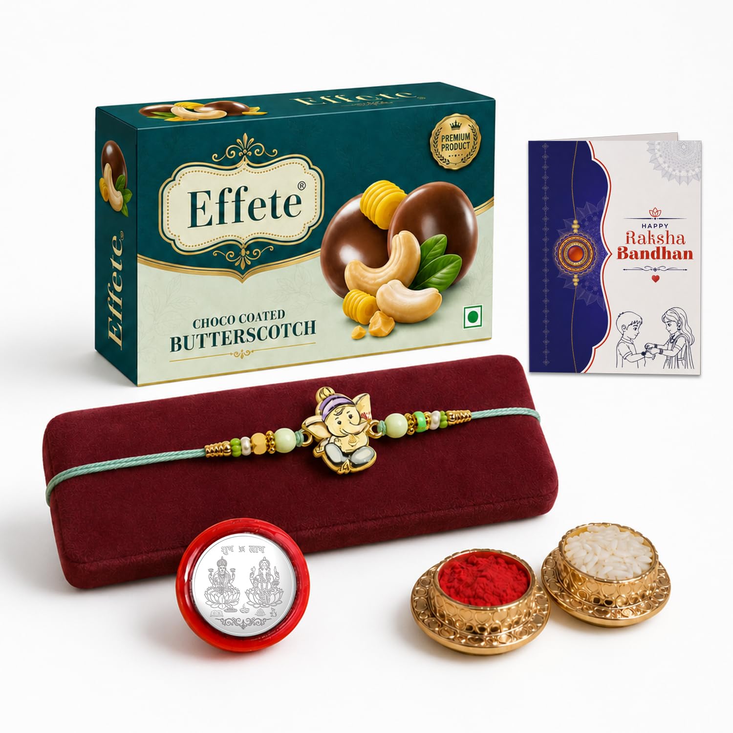 Ganesha Rakhi for Brother with Butter Scotch 32gm, Roli Tikka & Card, Pack of 5
