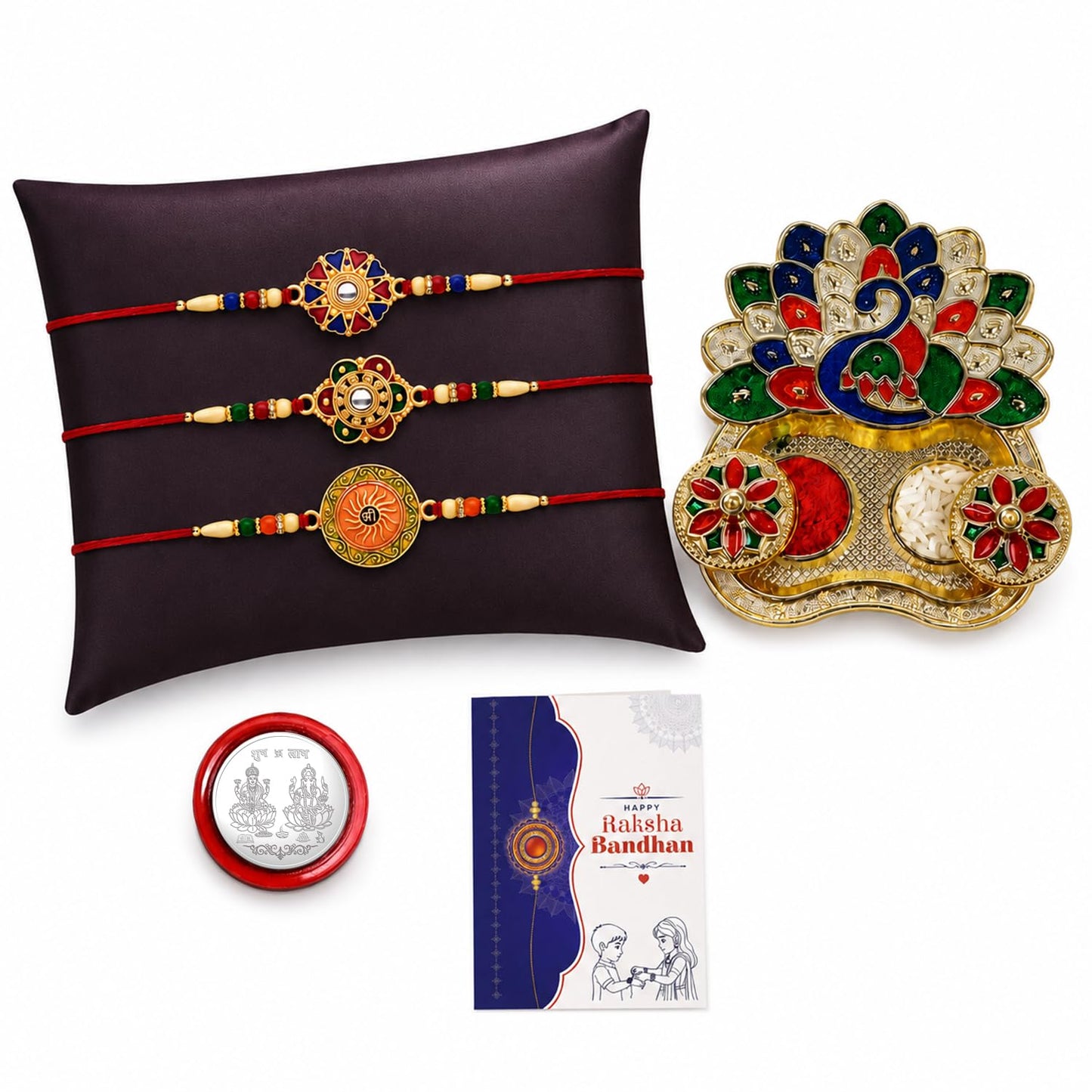 Round Rakhi for Brother with Pooja Thali - Raksha Bandhan Gift Set, Pack of 7
