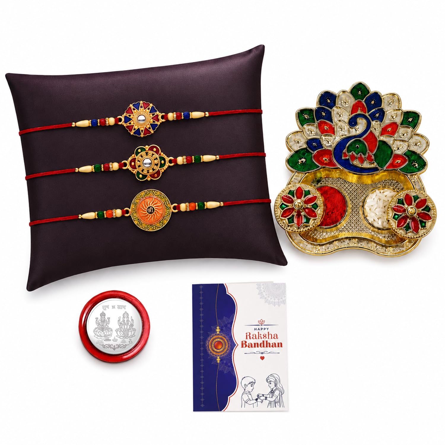 Round Rakhi for Brother with Pooja Thali - Raksha Bandhan Gift Set, Pack of 7