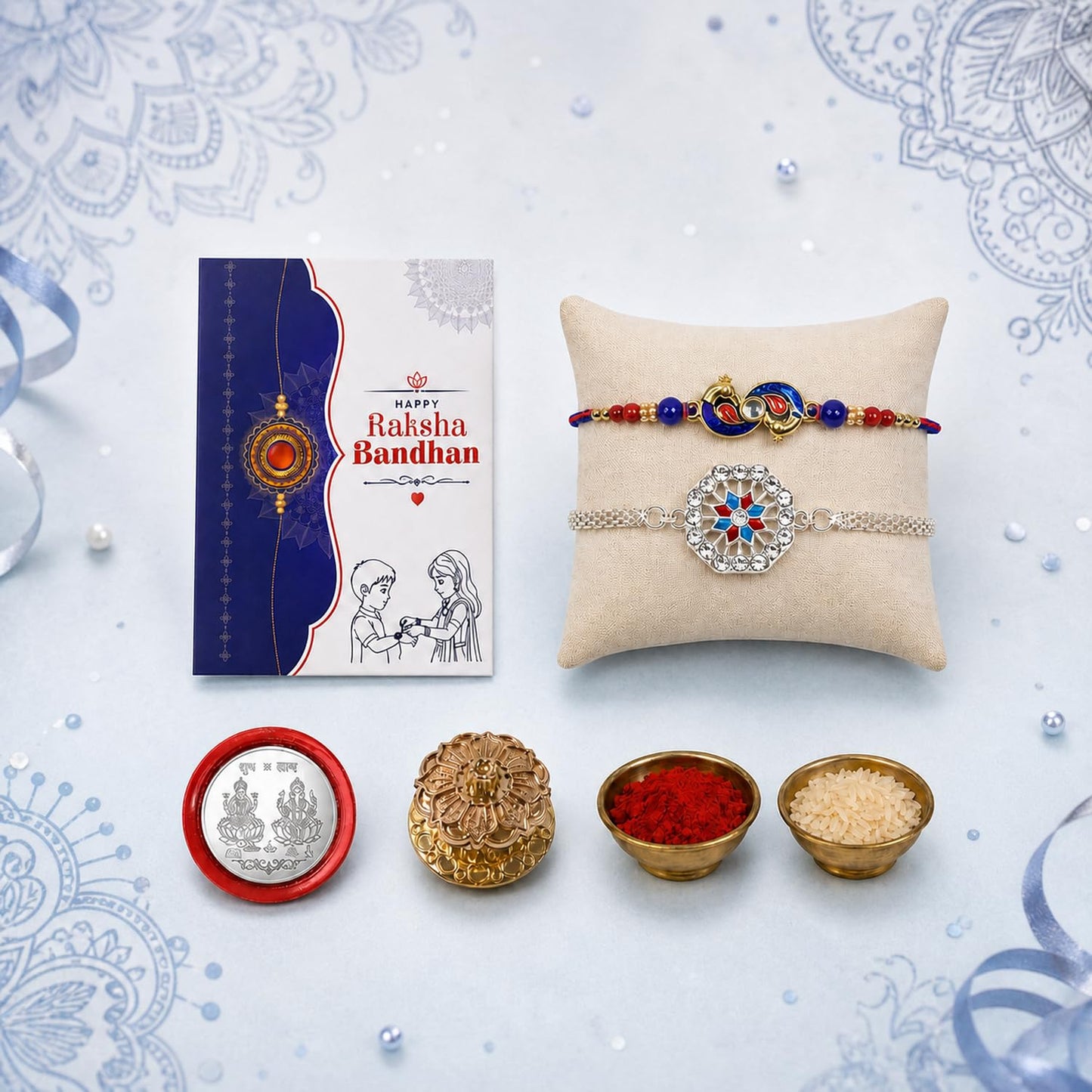 Peacock Rakhi Combo - Raksha Bandhan Gift with Golden Pooja Kankavati, Pack of 6