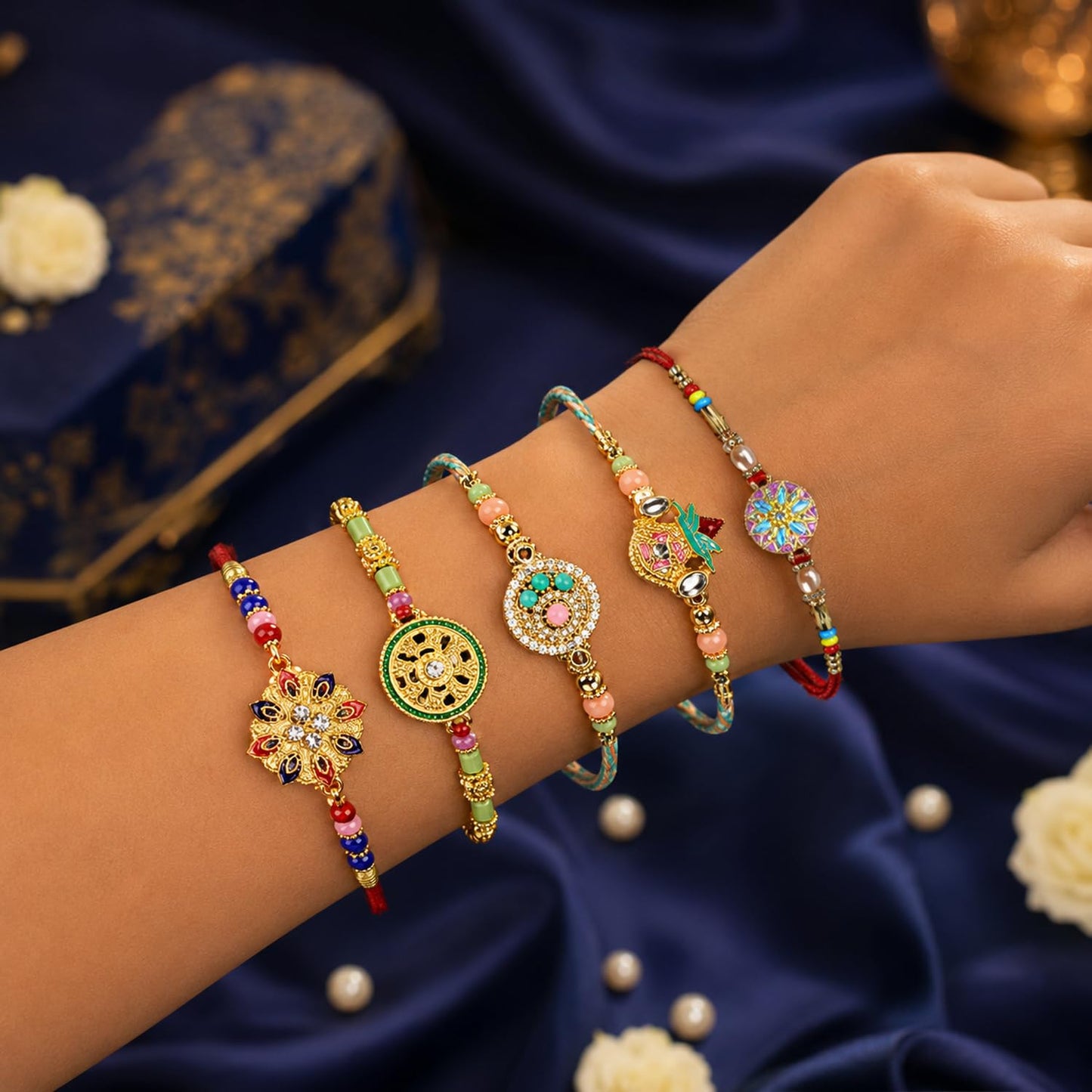 Handcrafted Ethnic Rakhi for Brother with Roli Tikka & Greeting Card, Pack of 8