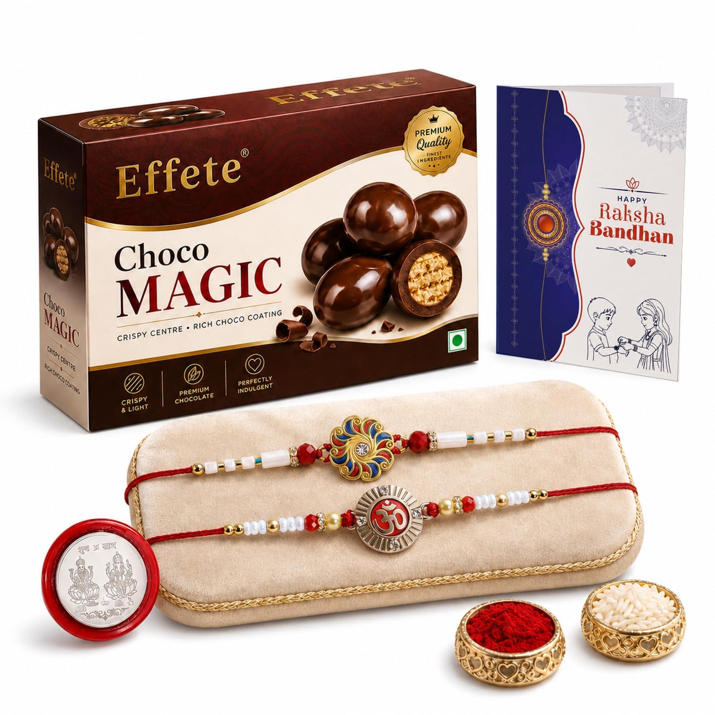 Designer Rakhi for Brother with Choco Magic 96gm, Roli Tikka, Pack of 6 | Classic