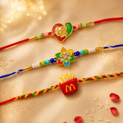 Heart Rakhi for Brother with Emperor Choco, Roli Tikka & Greeting Card, Pack of 7