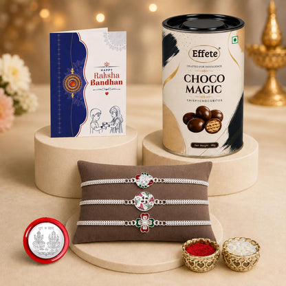 Diety Rakhi for Brother with Chocolate Magic 96gm, Roli Tikka & Card, Pack of 7