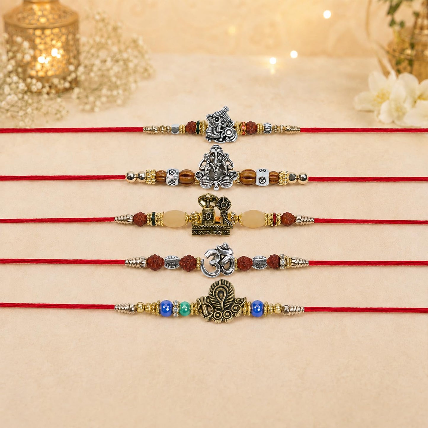 Ganesha Rakhi for Brother with Roli Tikka, Pooja Coin & Greeting Card, Pack of 8