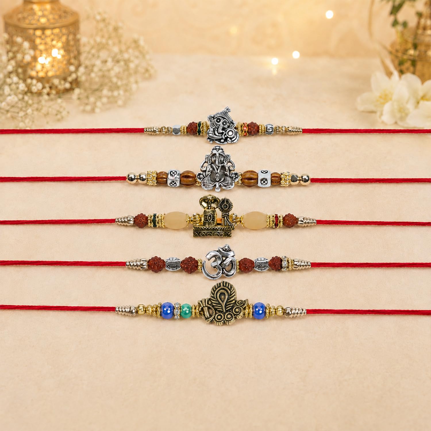 Ganesha Rakhi for Brother with Roli Tikka, Pooja Coin & Greeting Card, Pack of 8