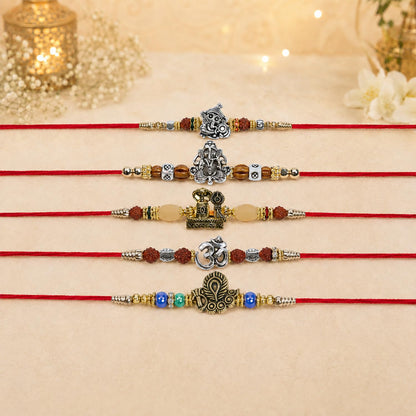 Ganesha Rakhi for Brother with Roli Tikka, Pooja Coin & Greeting Card, Pack of 8