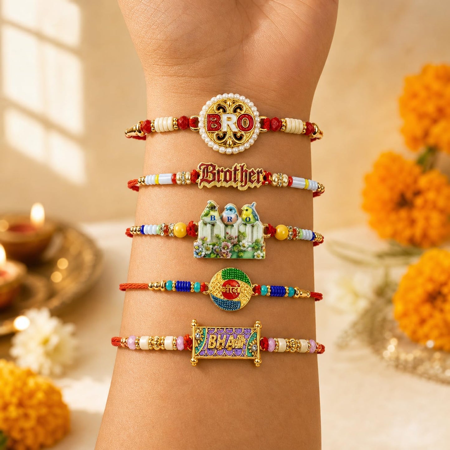Designer Splendid Rakhi for Brother with Roli Tikka, Pooja Coin & Card, Pack of 8