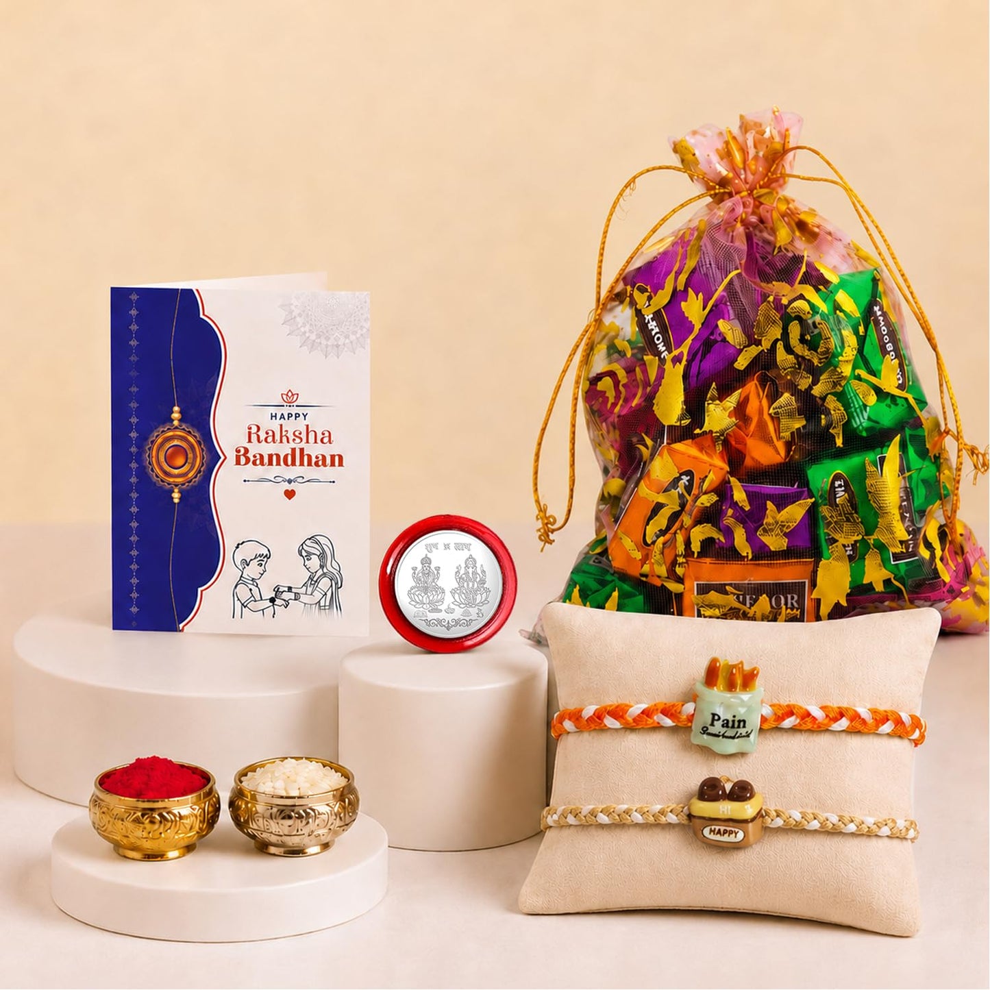 French Fries Rakhi for Brother with Assorted Treats, Roli Tikka & Card, Pack of 6