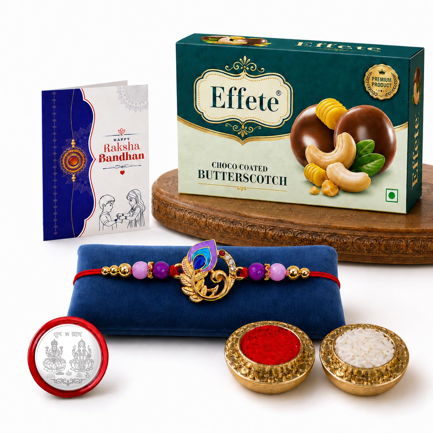 Elegant Mor Rakhi for Brother with Butter Scotch 32gm, Coin & Card, Pack of 5
