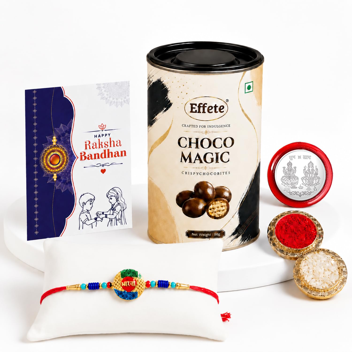 Stylish Colorful Rakhi for Brother with Choco Magic 96gm, Coin & Card, Pack of 5