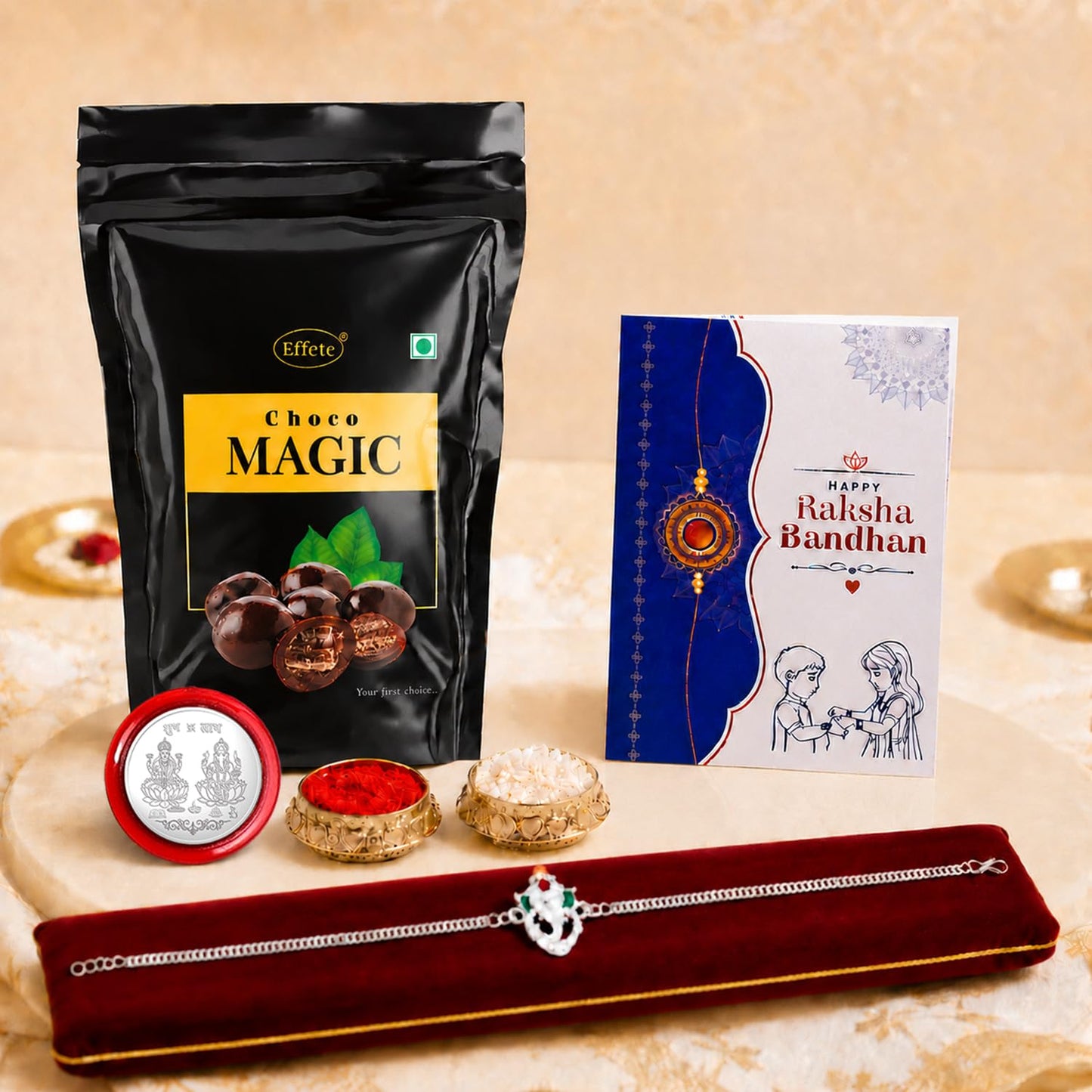 Ganu Ji Bracelet Rakhi for Brother with Choco Magic Pouch, Coin & Card, Pack of 5