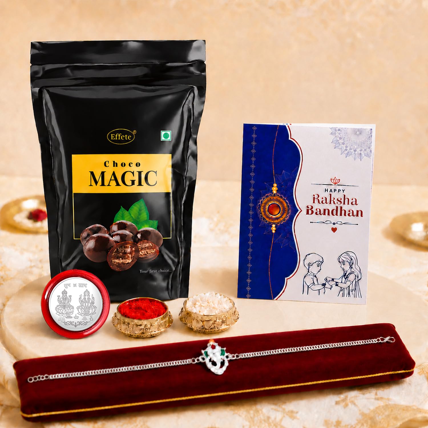 Ganu Ji Bracelet Rakhi for Brother with Choco Magic Pouch, Coin & Card, Pack of 5