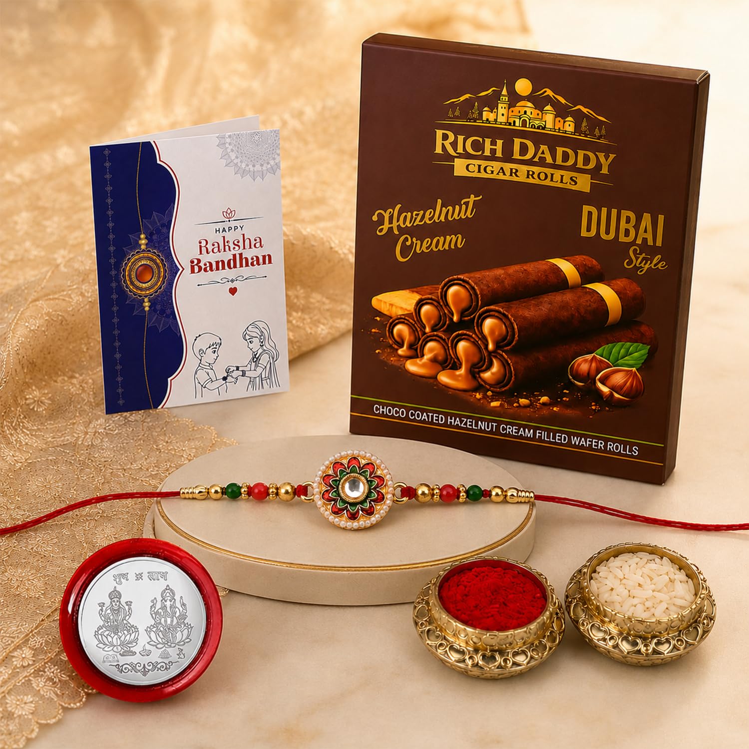 Round Rakhi for Brother with Hazelnut Wafer Rolls, Roli Tikka & Card, Pack of 5