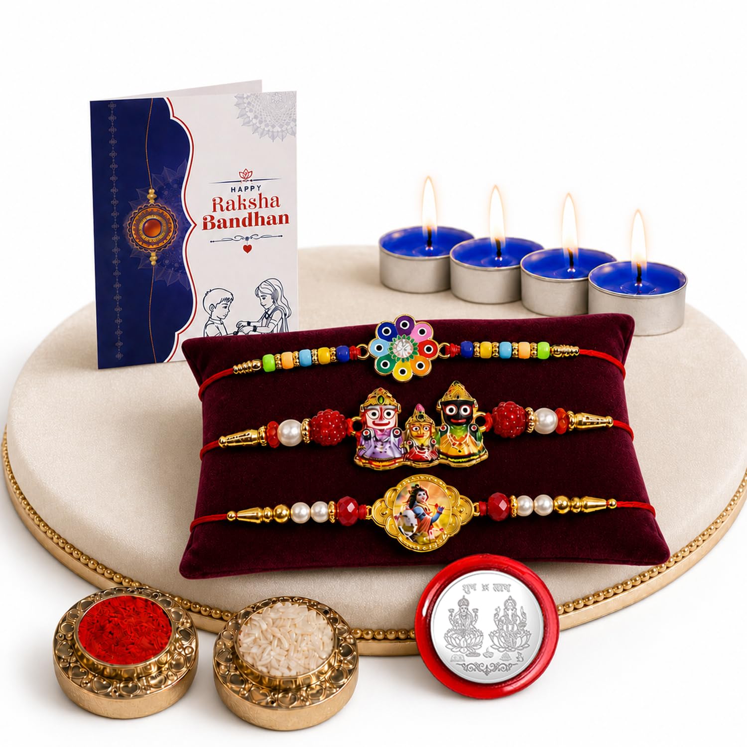 Flower Rakhi for Brother with Candles 4pcs, Roli Tikka & Greeting Card, Pack of 7