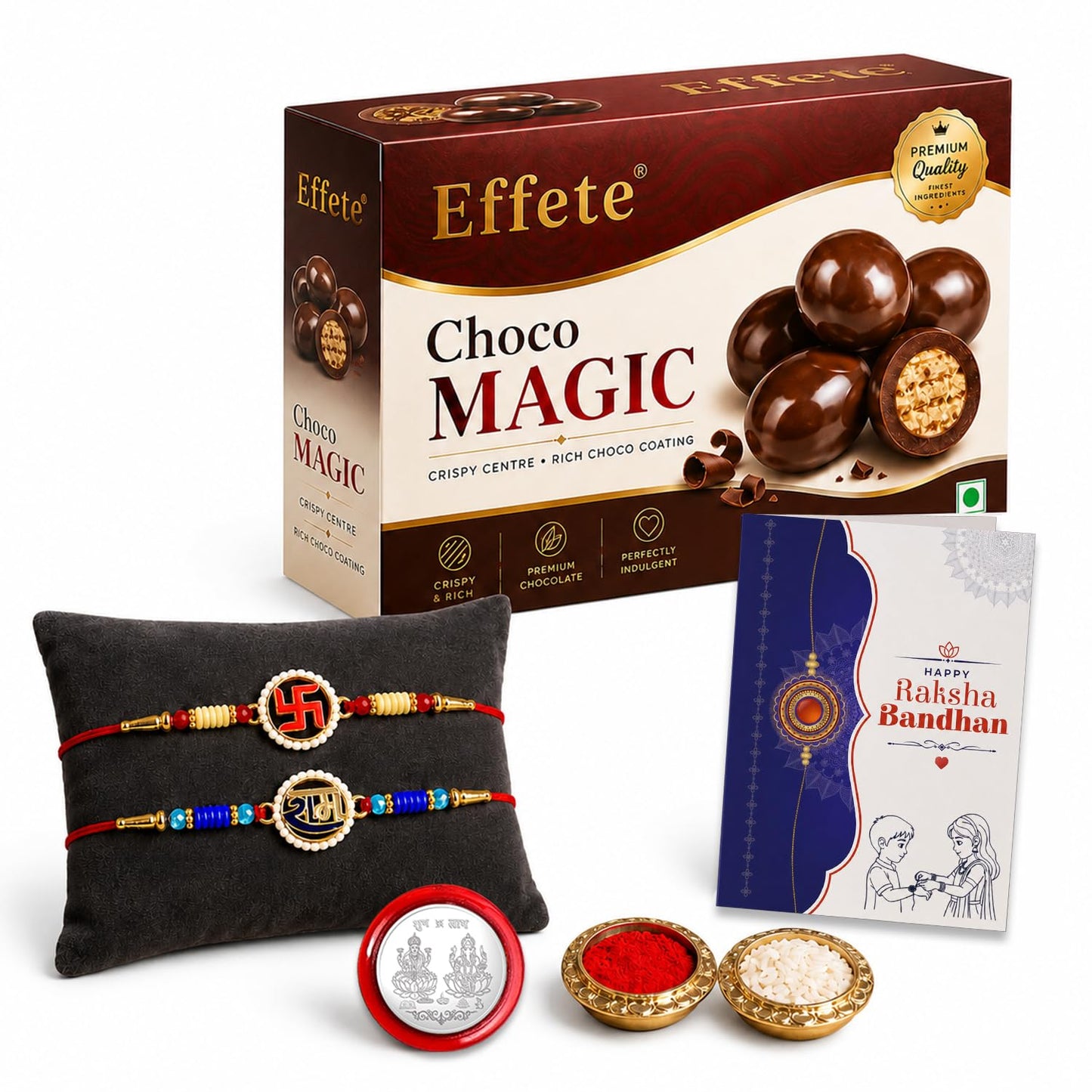 Swastika Rakhi for Brother with Choco Magic 96gm, Roli Tikka & Card | Pack of 6