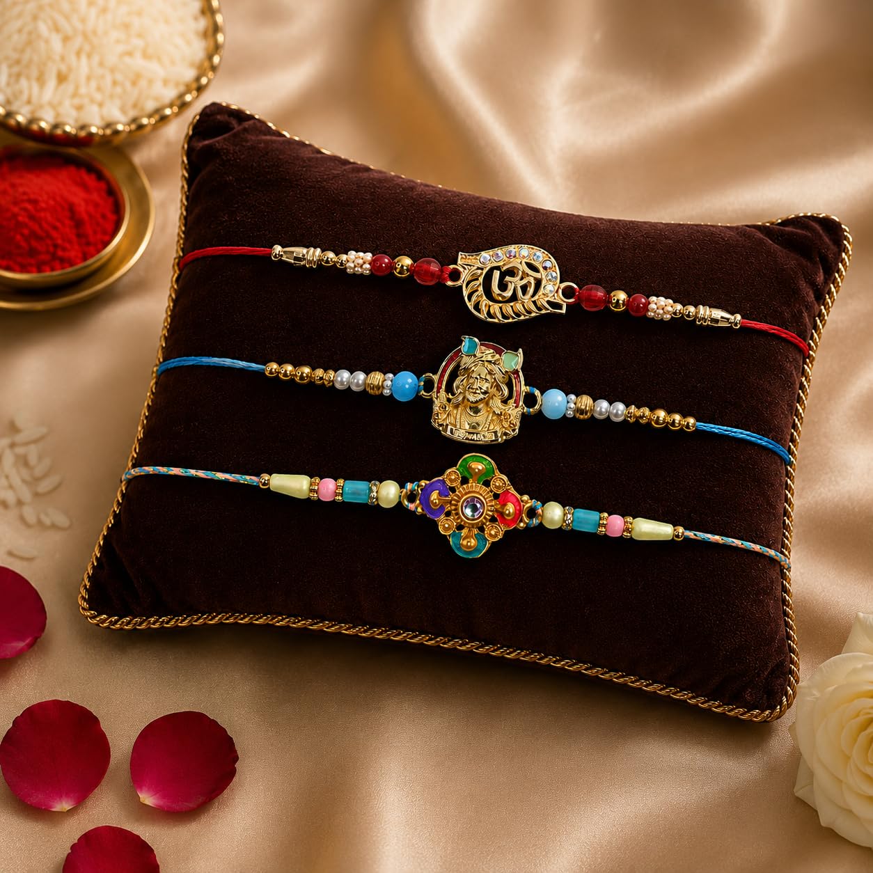 Three colorful bracelets with gold charms and beads are displayed on a brown velvet cushion next to bowls of rice and red
