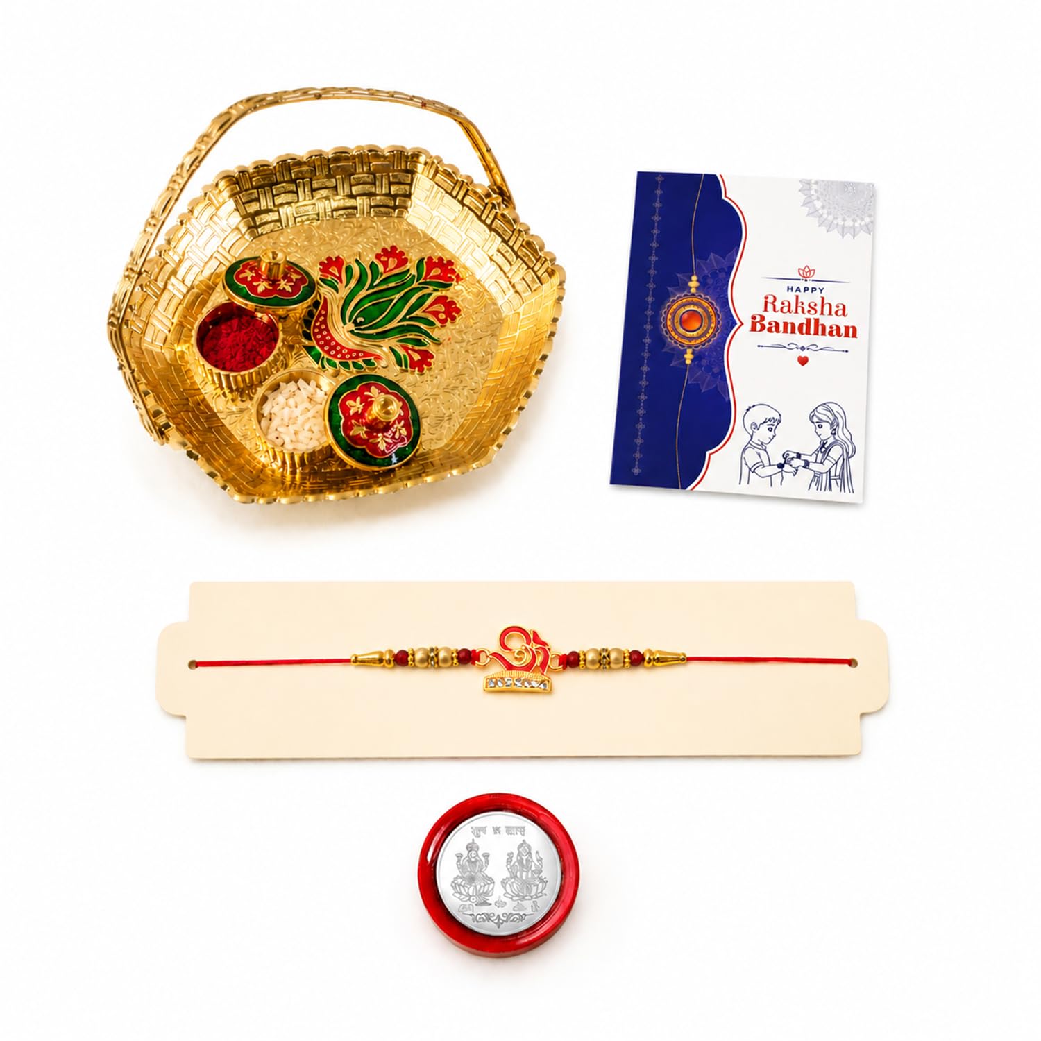 Multicolor & Basket-Topli Pooja Thali with Silver Color Pooja Coin, Roli Chawal Rakhi For Raksha Bandhan