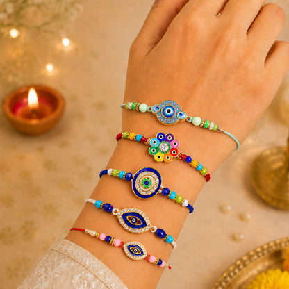 Designer Trendy Rakhi for Brother with Roli Tikka, Pooja Coin & Card, Pack of 8
