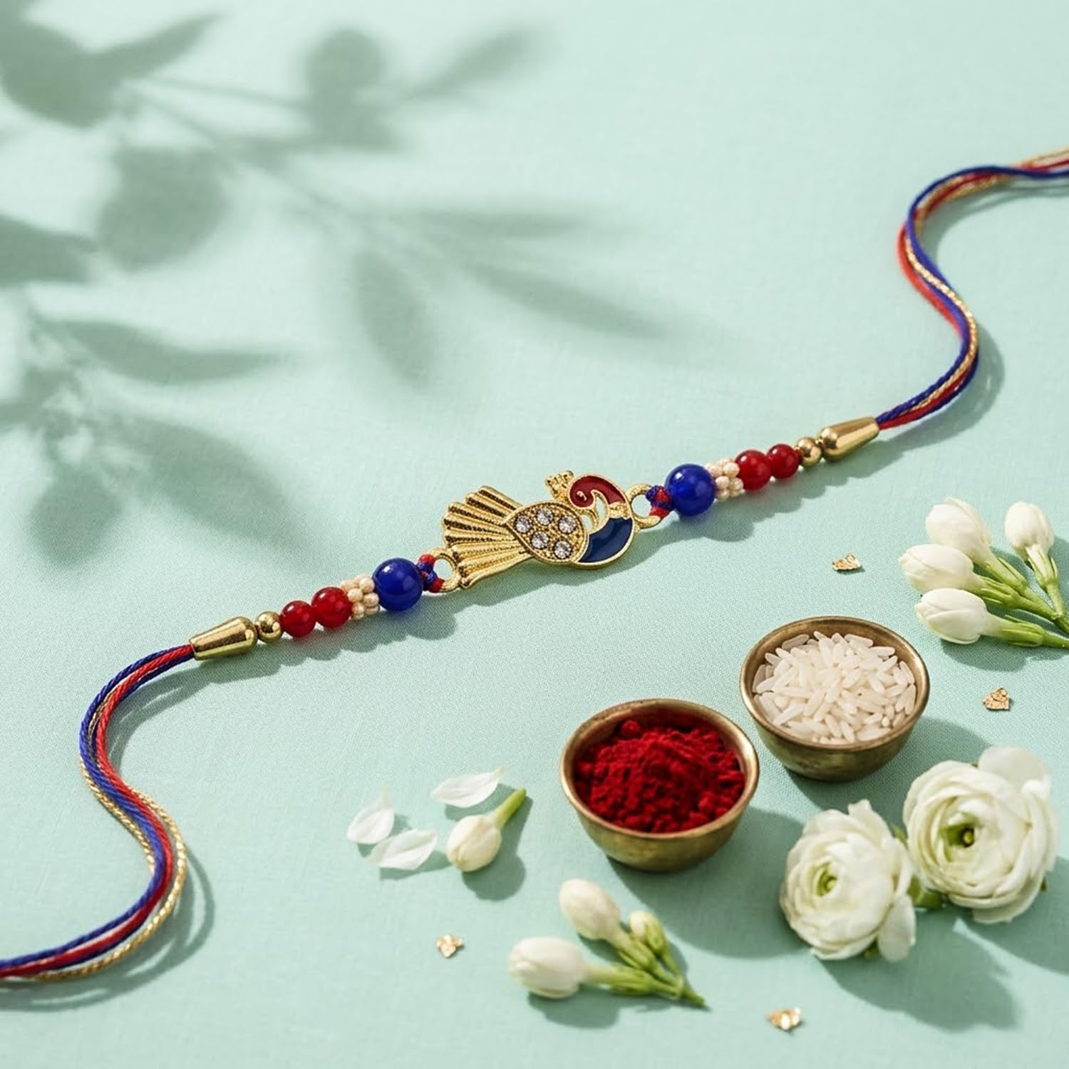 Rakhi for Brother with Peacock Pooja Thali - Raksha Bandhan Gift Set, Pack of 7