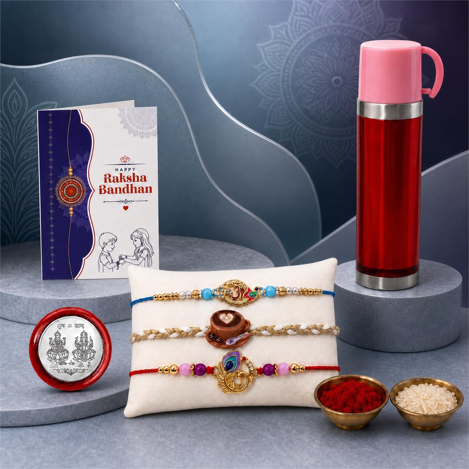 Coffee Cup, Peacock, Om Rakhi Combo - Raksha Bandhan Gift with Travel Mug 500ml for Bhaiya