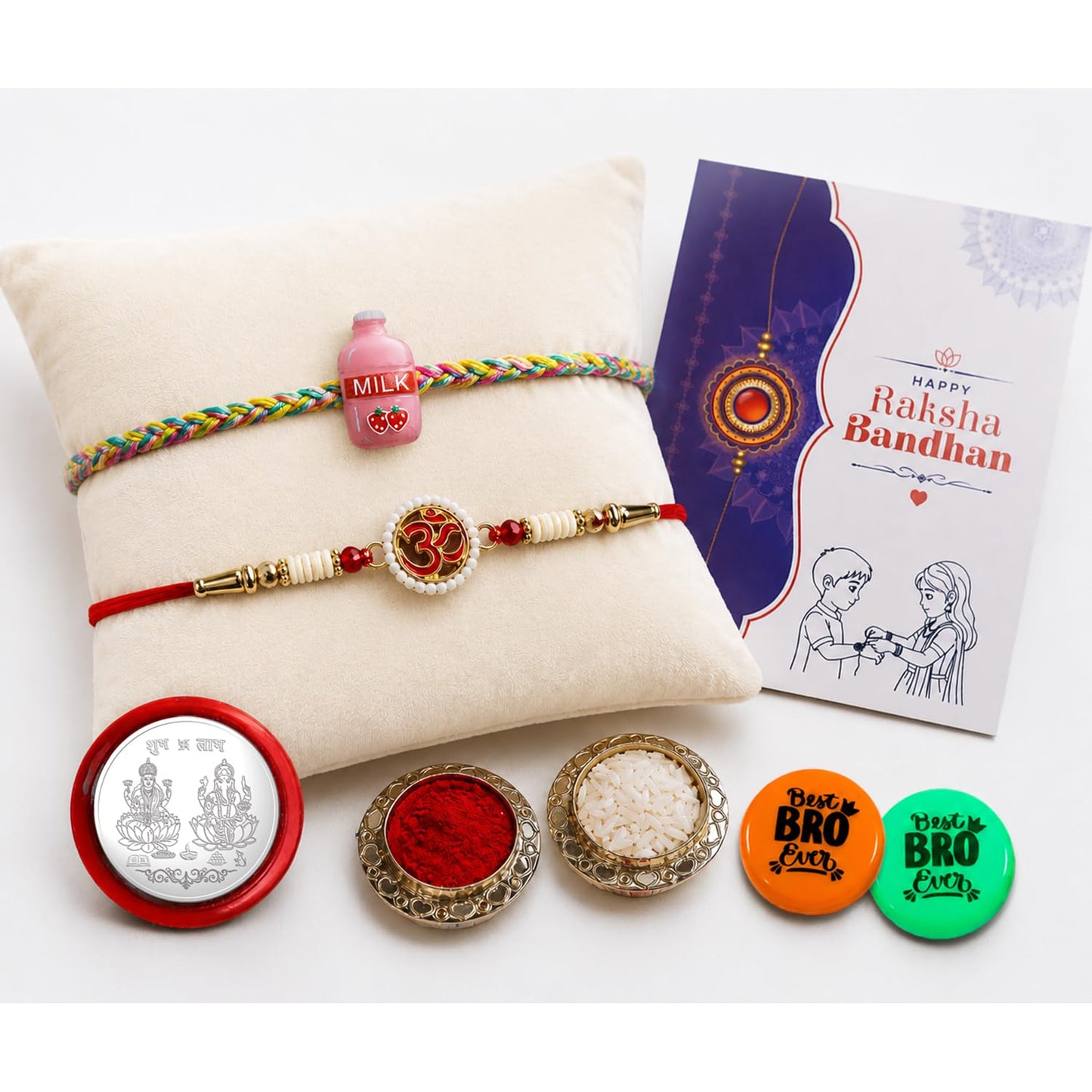 Multicolor Milk Bottle, Om Rakhi Combo with Multicolour Decorative | Pack of 7