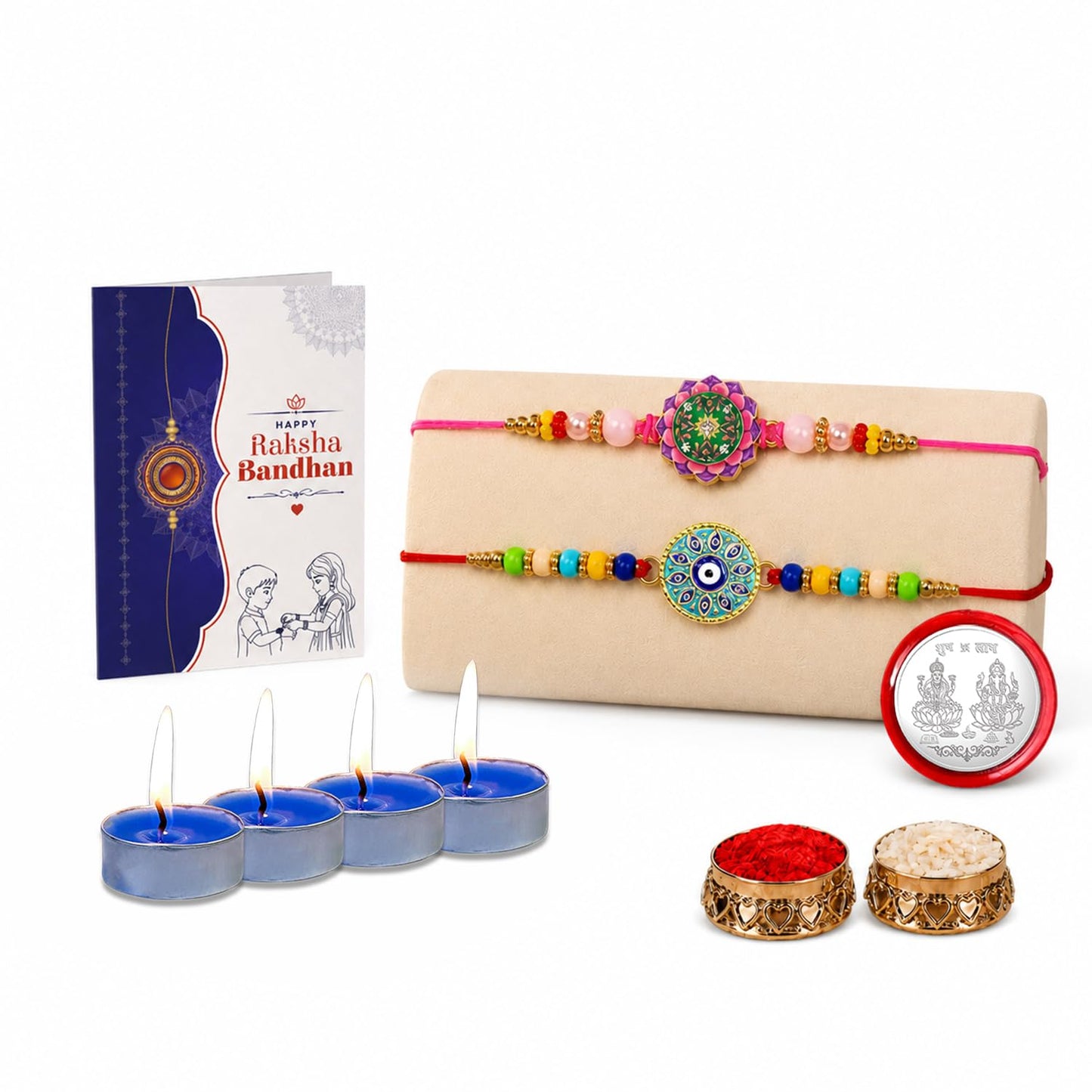 Evil Eye Rakhi Combo - Raksha Bandhan Gift with Tealight Candles 4pcs, Pack of 6