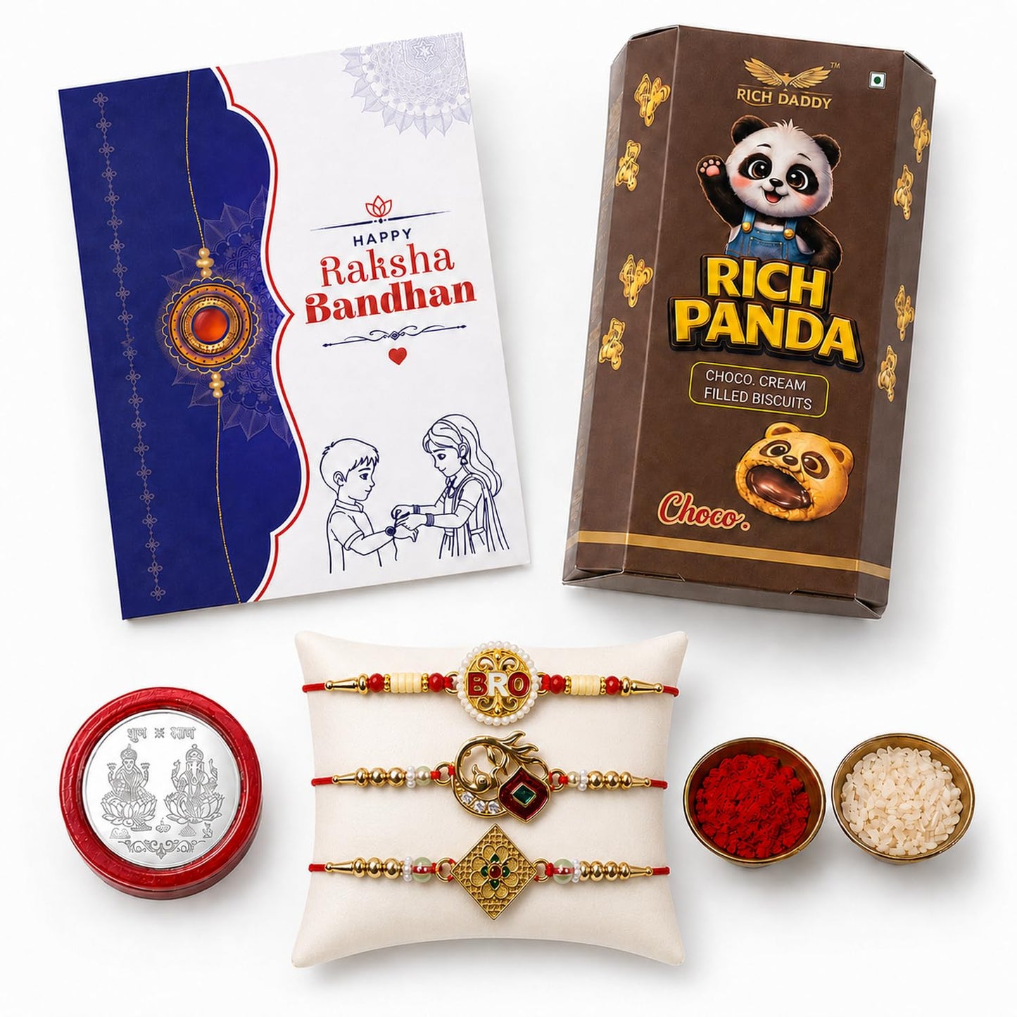 Rhombus Multicolor Rakhi – Choco Cream Filled Raksha Bandhan Gift Combo (Pack of 7)