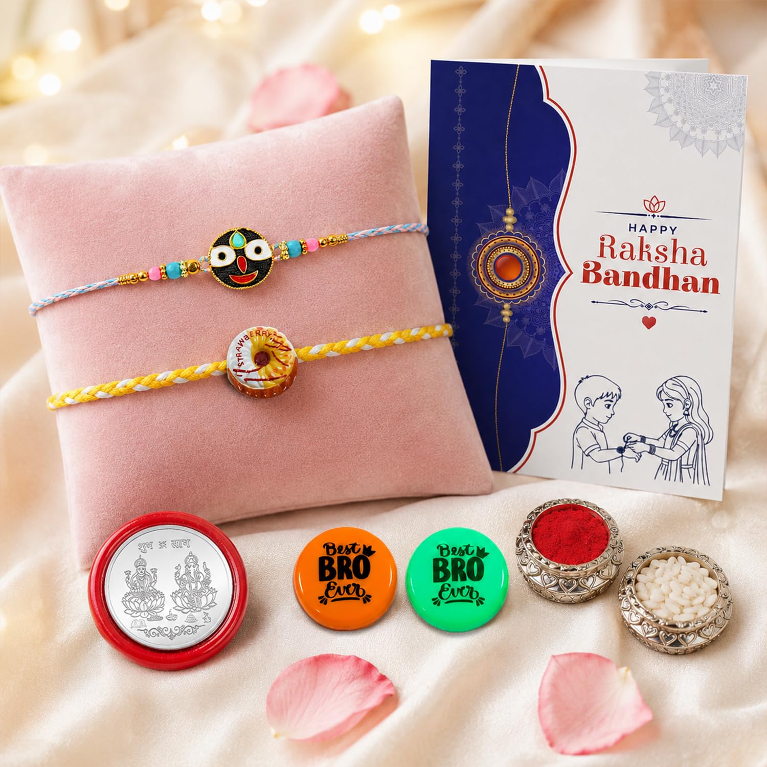 Rakhi with Fridge Magnet for Brother (Set of 7) – Raksha Bandhan Celebrations Combo with Jagannath & Food Design Rakhi, 2 Pc Fridge Magnets, Greeting Card, Roli Chawal & Silver Color Coin