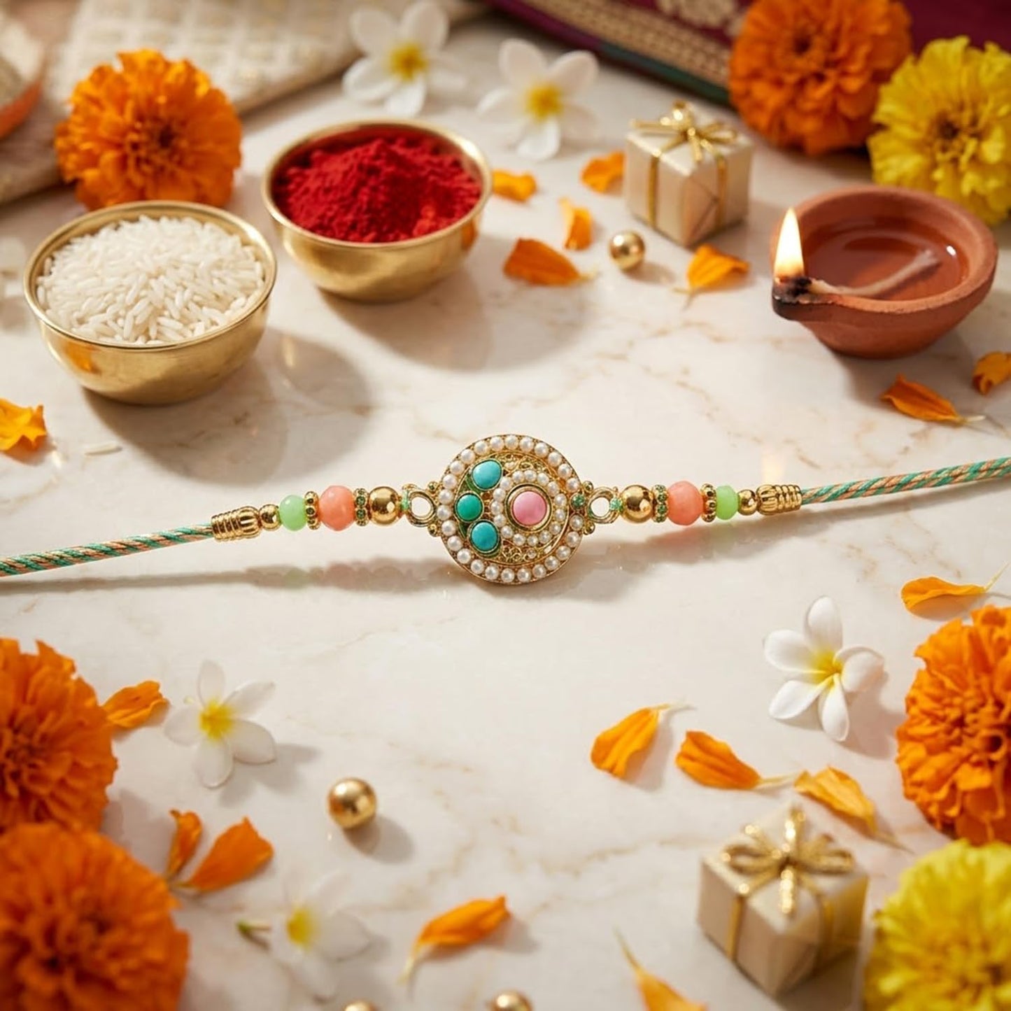 Rakhi with Chocolate for Brother (Set of 7), Raksha Bandhan Festival Celebration Combo with Peacock, OM & Pearl Design 8